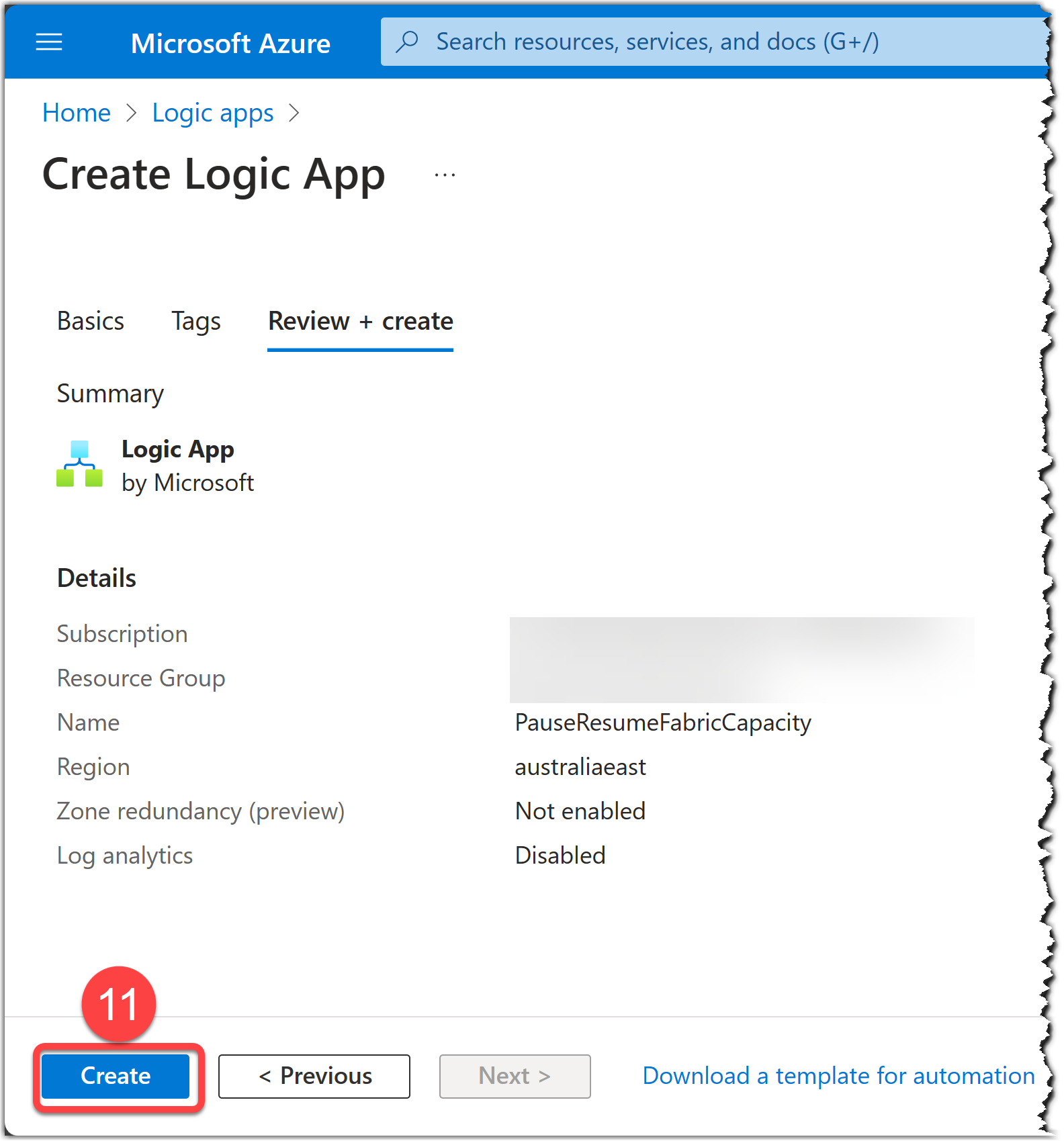 Vérifier la configuration et créer un nouveau workflow Logic App sur le portail Azure