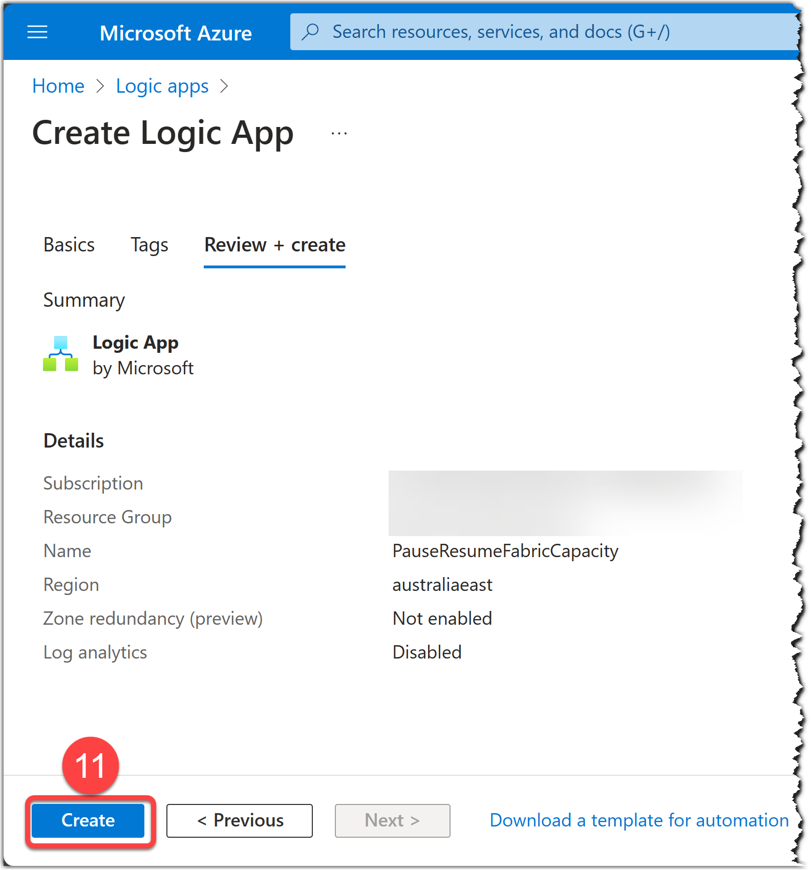 Review configuration and create a new Logic App workflow on Azure Portal