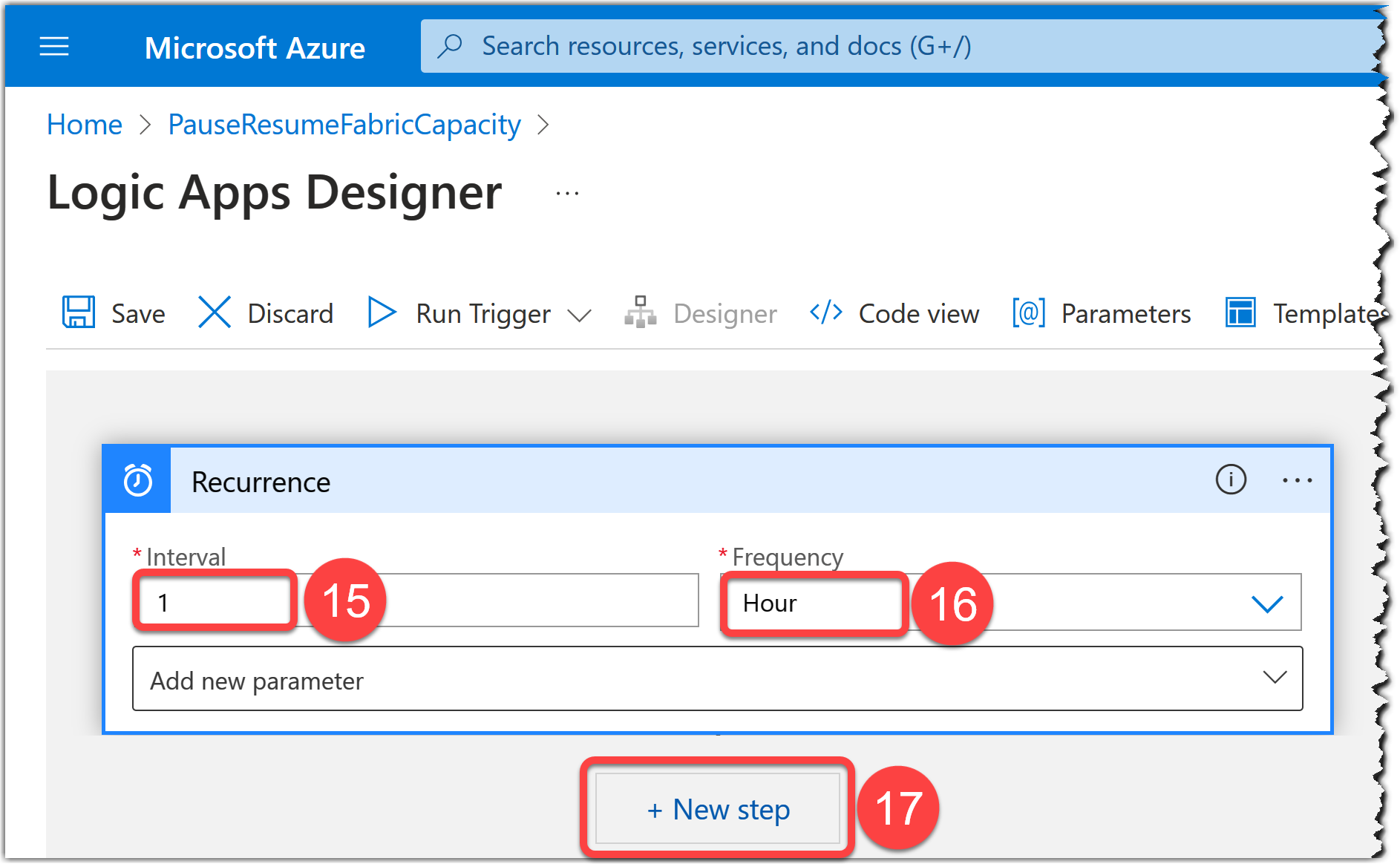 Configuring the Recurrence trigger to run every hour