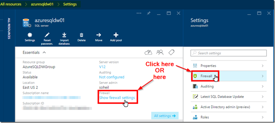 Azure SQL Data Warehouse Firewall Settings 01