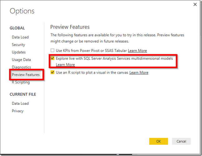 Power BI Explore Live Settings 01