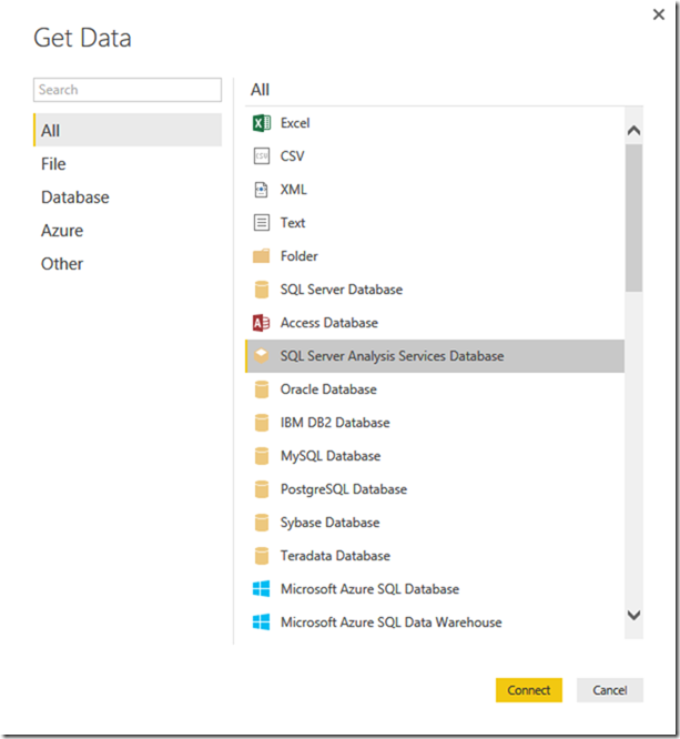 Connect liv Power BI SSAS Multidimensional 01
