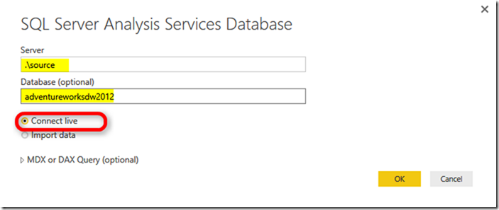 Connect liv Power BI SSAS Multidimensional 02