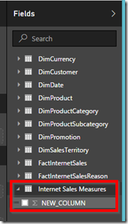 Power BI new table in Fields pane