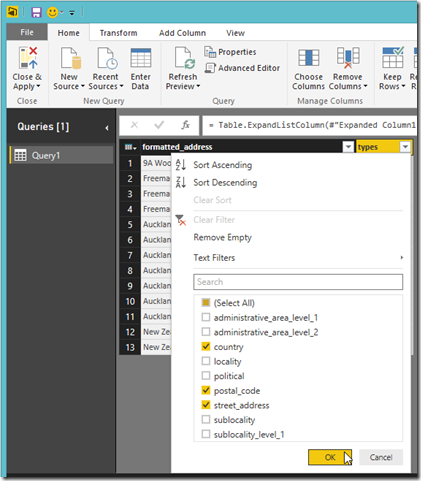 Power BI Desktop Query Editor Filter Column