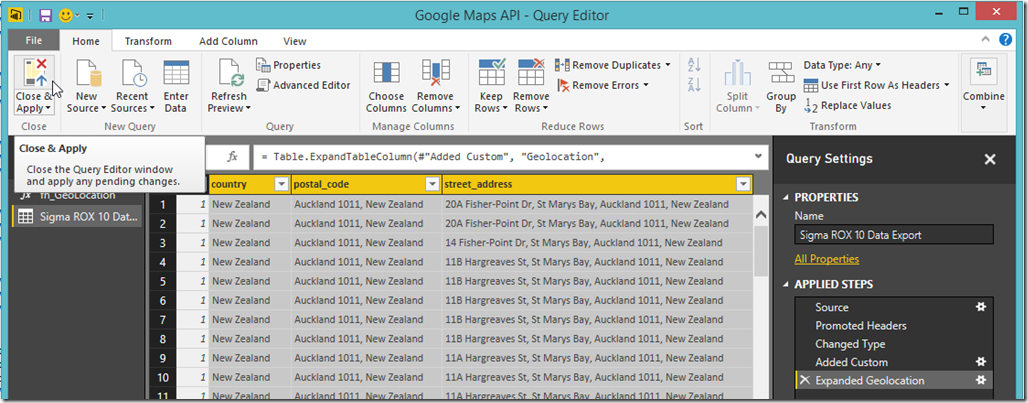 Power BI Query Editor Close & Apply