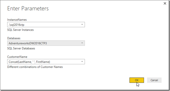 Power BI Desktop Enter Parameters