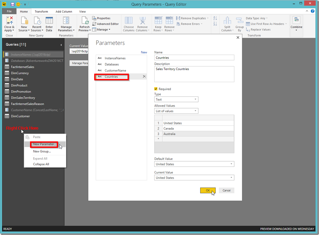 Power BI Desktop Create New Parameter
