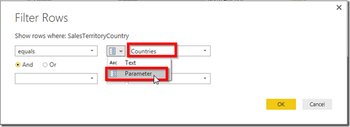 Power BI Desktop Filter Rows Parameters