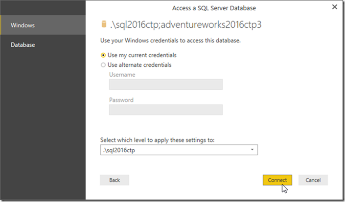 Power BI Desktop Access SQL Server