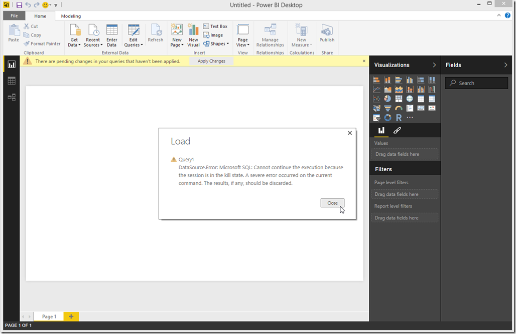 DataSource.Error: Microsoft SQL: Cannot continue the execution because the session is in the kill state.