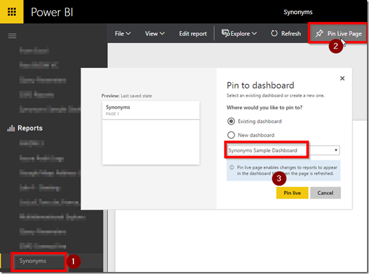 Power BI Service Pin Live Page to Dashboard