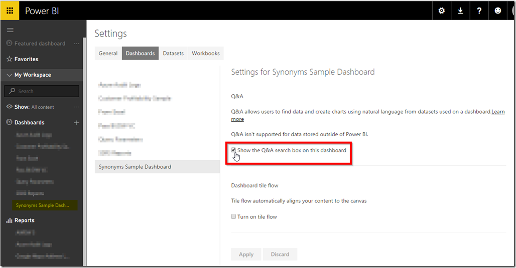 Power BI Service Dashboard Settings Enable Q&A
