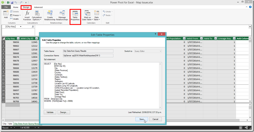 Excel 2016 Power Pivot Table Edit Table Properties