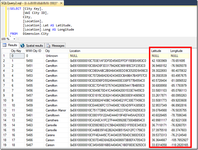 SQL Server Geography Data Type Location.Lat Location.Long