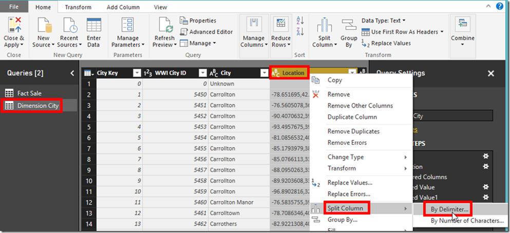 Power BI Desktop Power Query Split Column