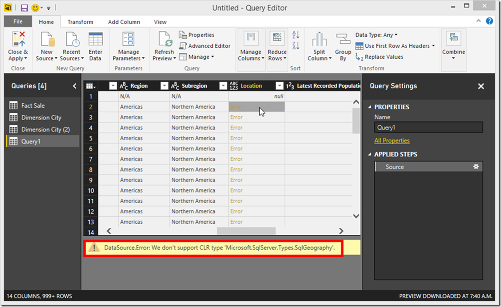 DataSource.Error: We don't support CLR type 'Microsoft.SqlServer.Types.SqlGeography'