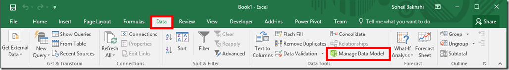Excel 2016 Manage Data Model