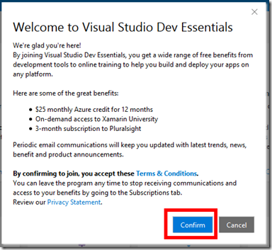 Confirm Visual Studio Dev Essentials Terms and Conditions