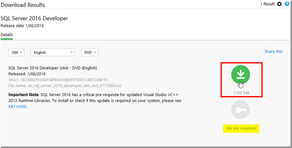 SQL Server 2016 Developer Edition from Visual Studio Dev Essentials