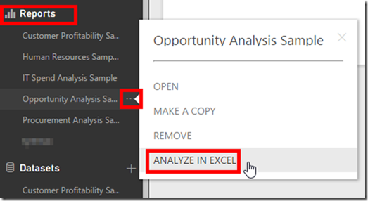 Analyse Power BI Reports in Excel from Power BI Service
