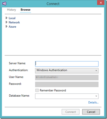 Connect to Azure SQL Data Warehouse in SQL Server Object Explorer Visual Studio