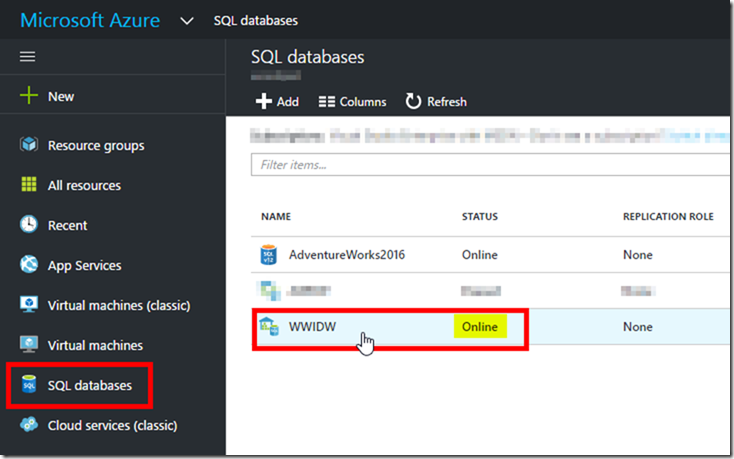 Azure SQL Data Warehouse in Azure Portal