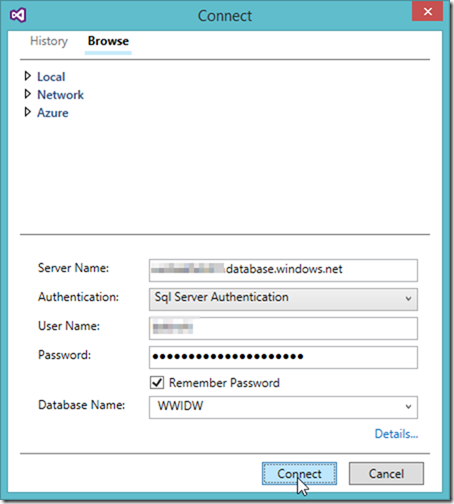 Connect to Azure SQL Data Warehouse in SQL Server Object Explorer Visual Studio