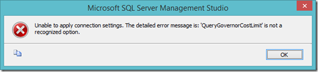 Unable to apply connection settings. The detailed error message is: 'QueryGovernorCostLimit' is not a recognized option