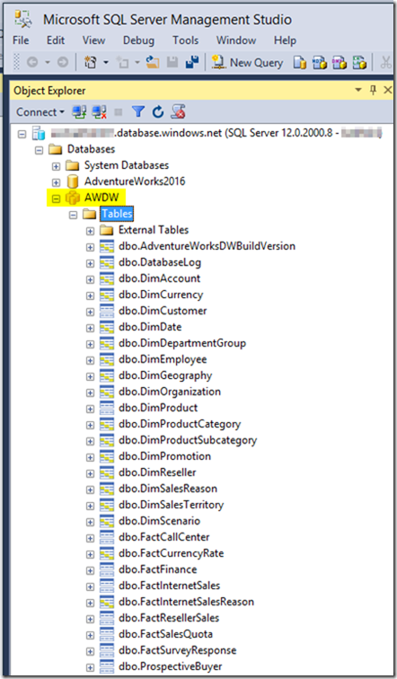 Azure SQL Data Warehouse in SSMS 2016