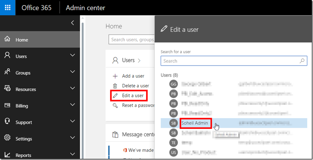 Office 365 Admin Centre User Settings