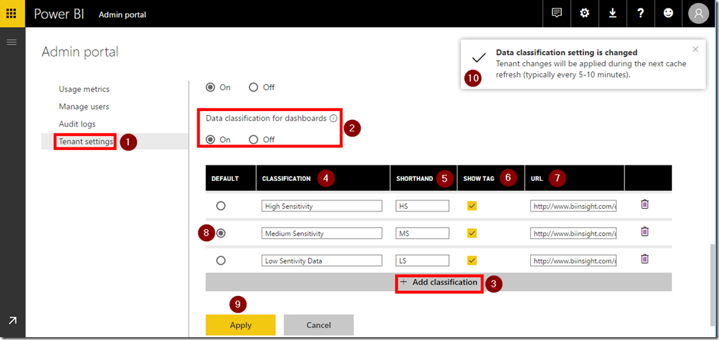 Power BI Data Classification Settings
