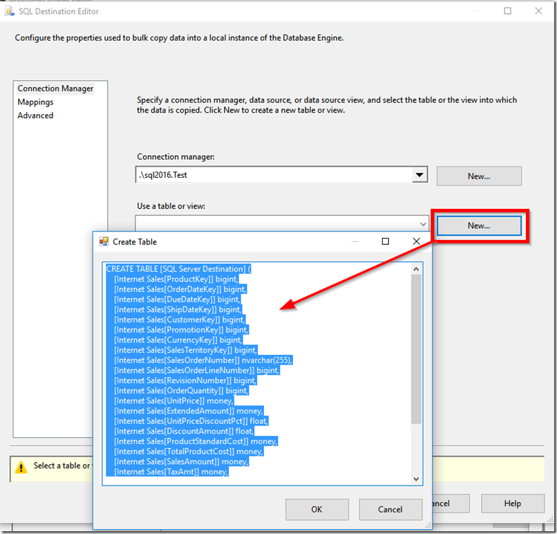 Creating New Table in SQL Server from SSIS