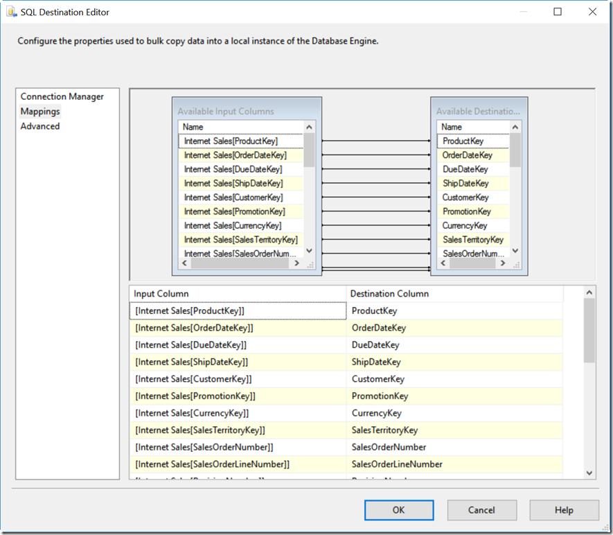 Mapping Columns in SQL Destination Editor