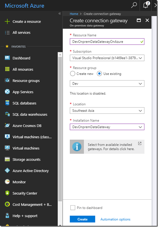 Creating On-premises Data Gateway Resource in Azure