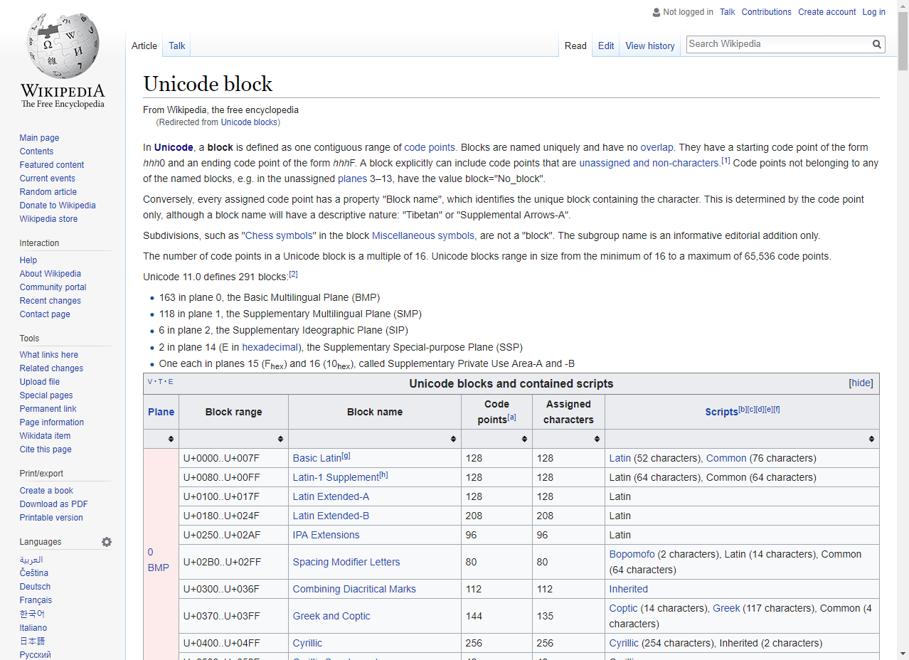 Wikipedia, Unicode Blocks