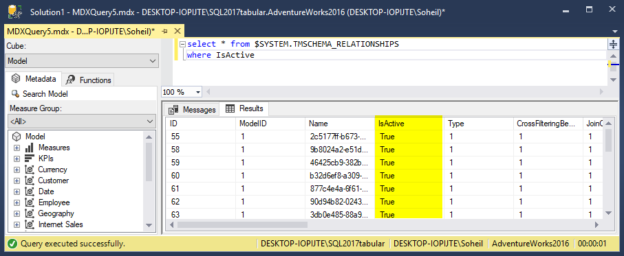 Boolean Comparison in SSAS DMVs