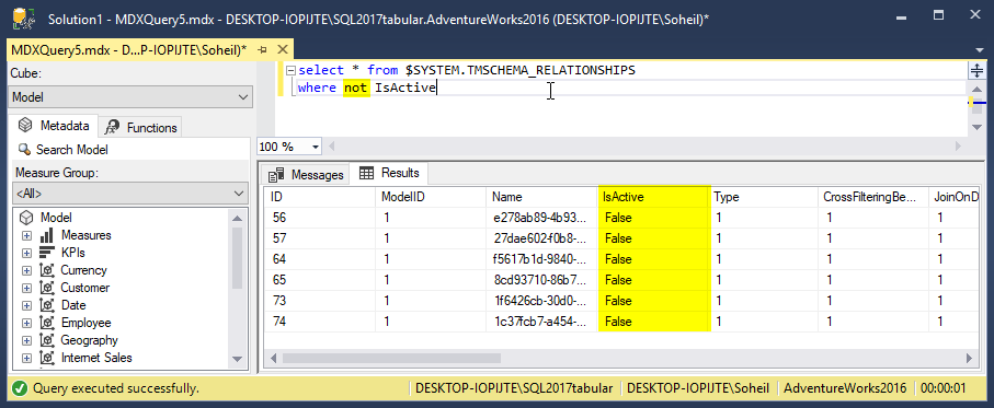 Boolean Comparison in SSAS DMVs