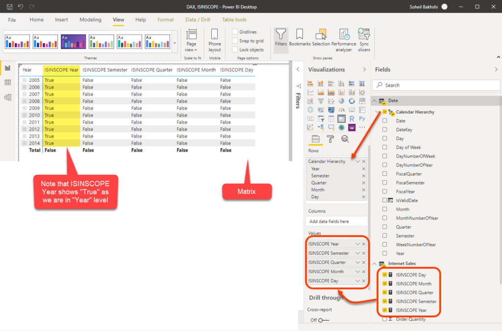 Detecting Year, Semester, Quarter, Month and Day hierarchy levels with ISINSCOPE in Power BI Desktop