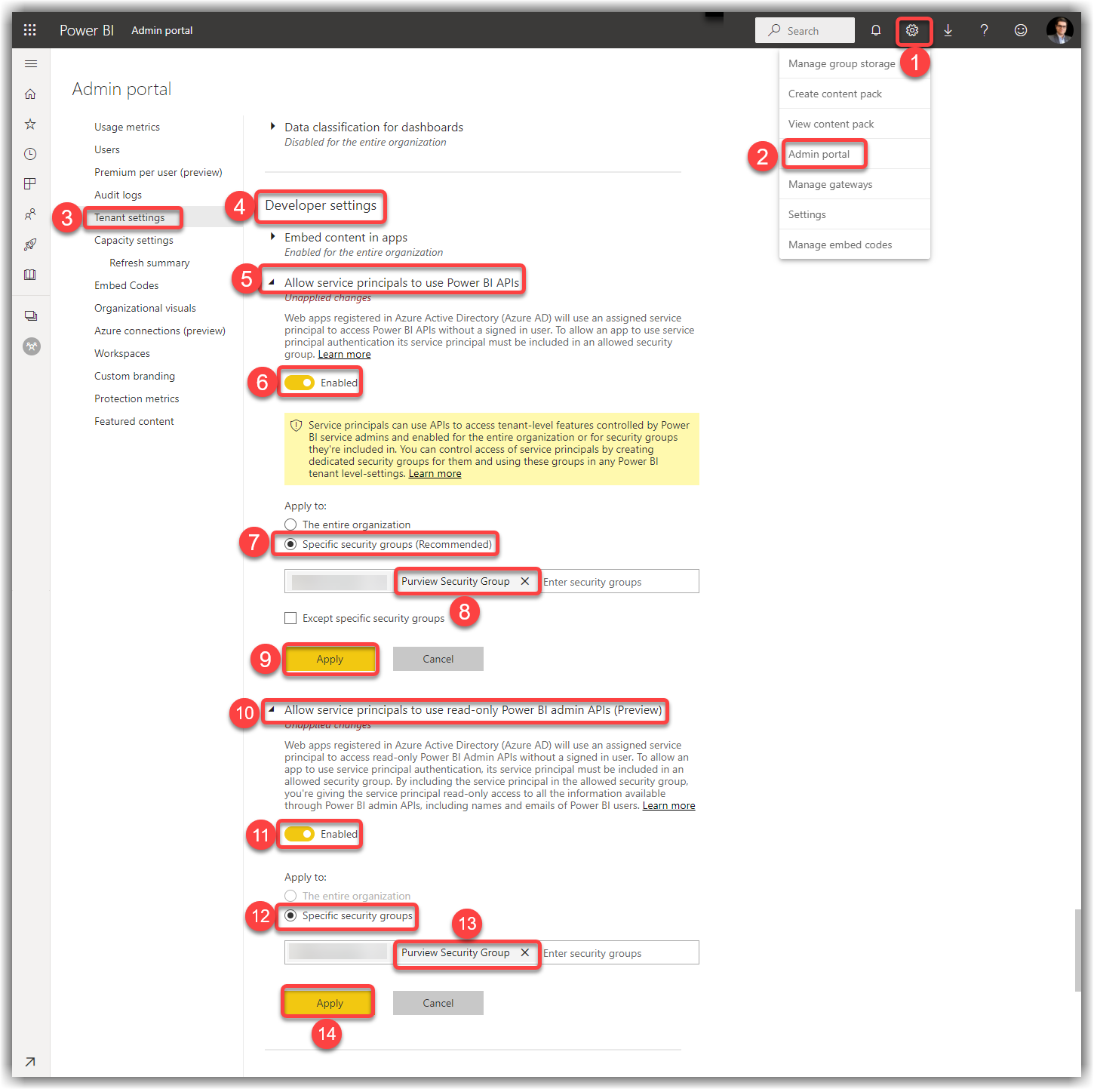 Allowing service principals to use Power BI APIs in Power BI Admin Portal