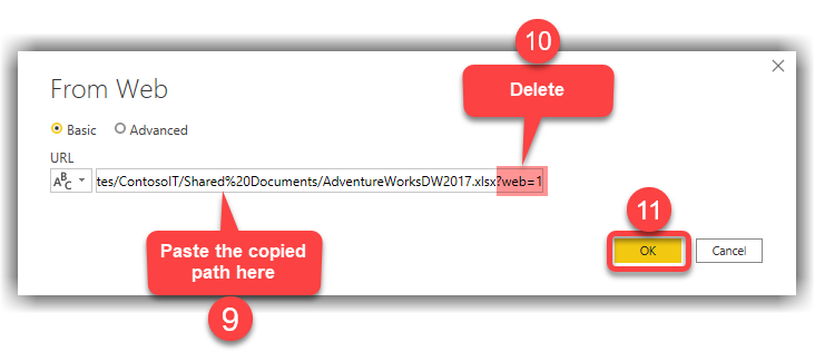 Modifying the path copied from Excel to get the data in Power BI Desktop