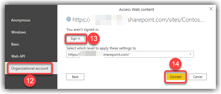 Passing credentials for an Organizational Account to access Excel date from SharePoint Online in Power BI Desktop