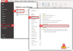 Enabling the "Always allow parameterization in data source and transformation dialogs" feature in Power BI Desktop
