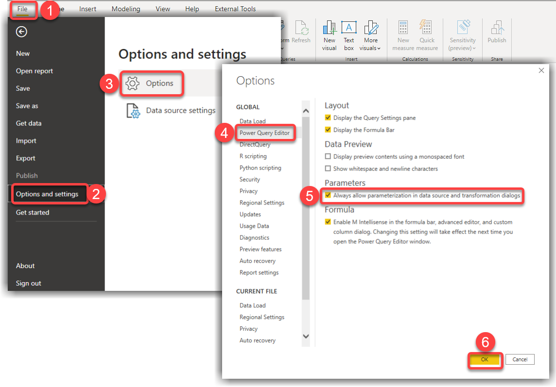 Enabling the "Always allow parameterization in data source and transformation dialogs" feature in Power BI Desktop