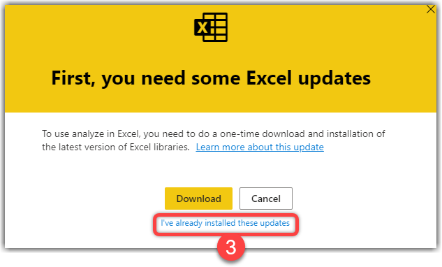 Installation of the latest version of Excel libraries required for Analyze in Excel capability in Power BI Service