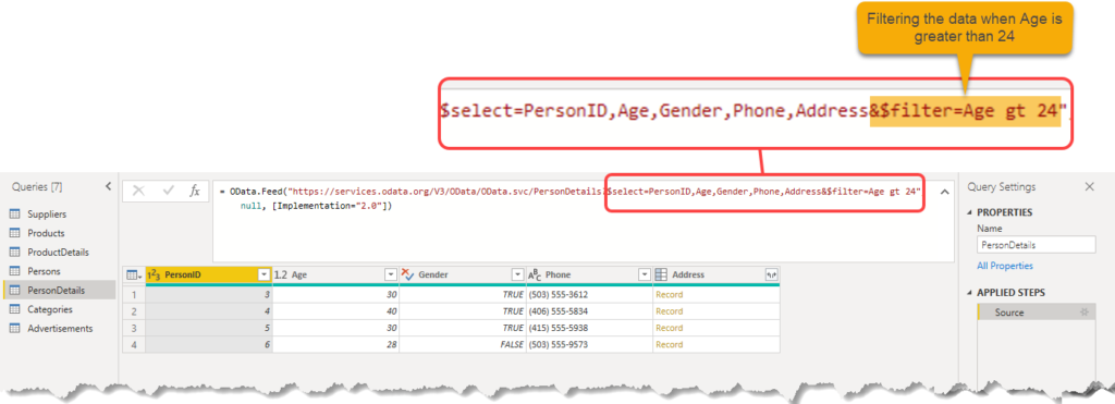 Using OData query filter