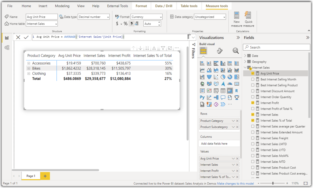 Using report level measures in visuals in Power BI Desktop