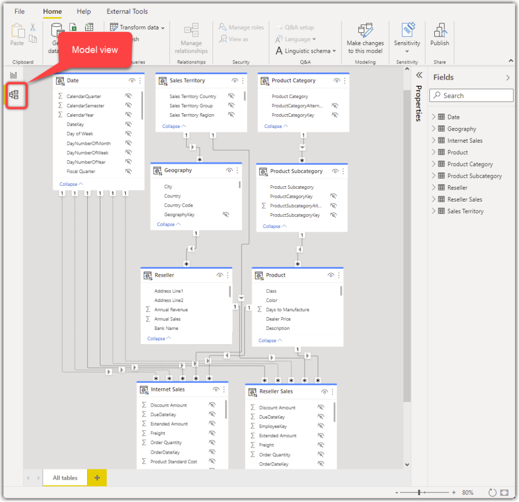 Model view tab in Power BI Desktop when connected live to a Power BI dataset