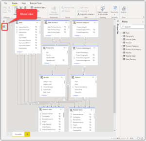 Model view tab in Power BI Desktop when connected live to a Power BI dataset