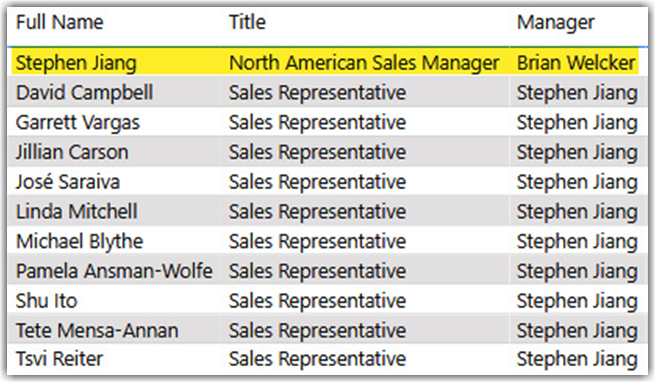 SCD in Power BI, Stephen Jiang is the sales manager of a team of 10 sales representatives